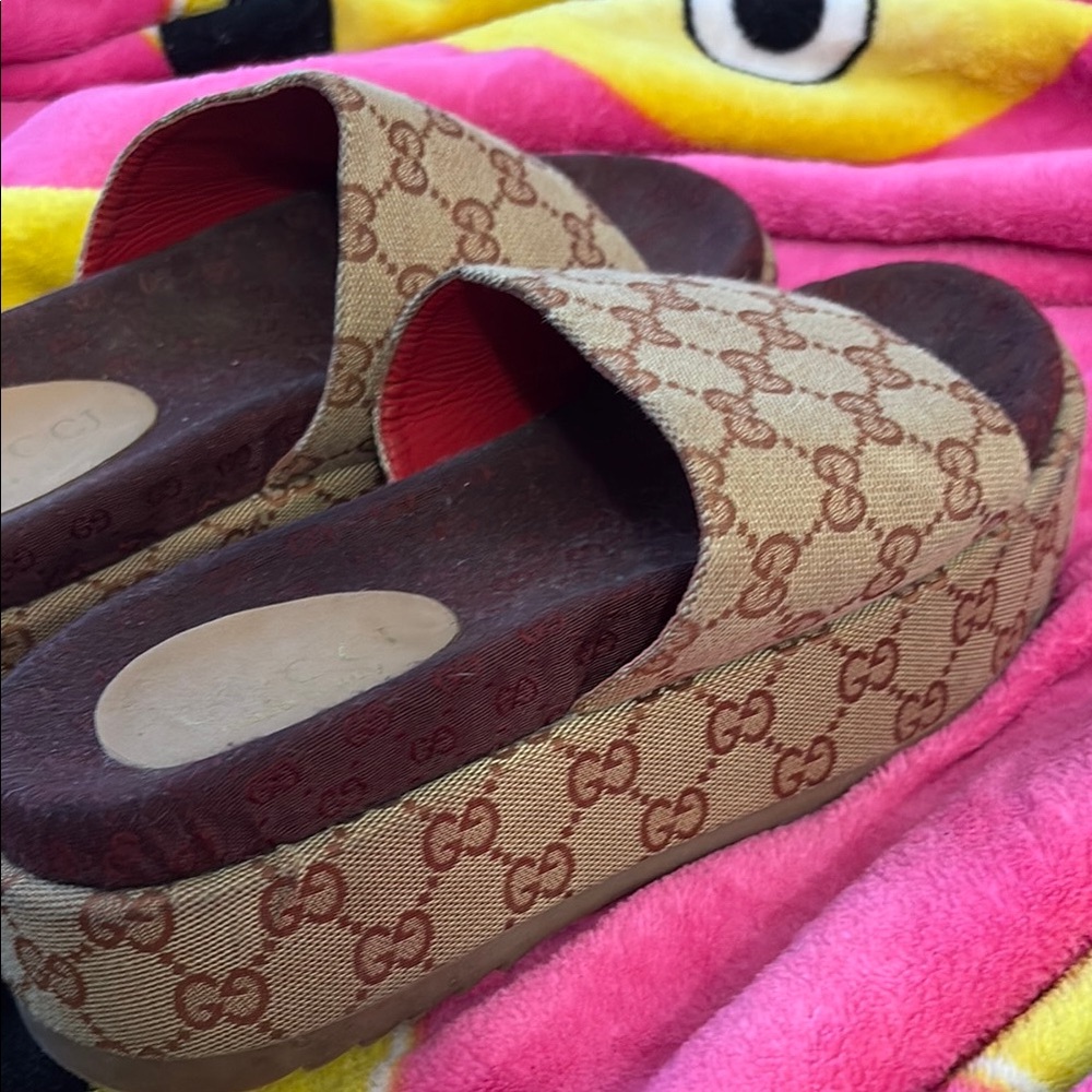 Gucci Beige and Brown Monogram Platform Sandals